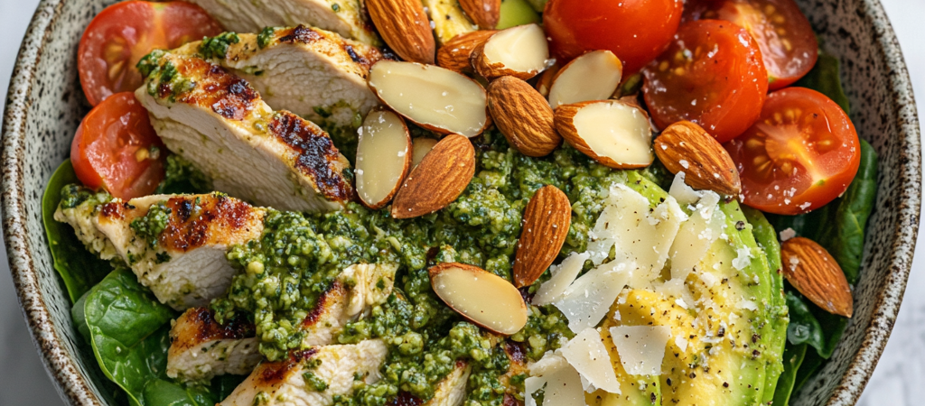 Ensalada de Pollo al Pesto Keto con Aguacate y Queso Parmesano