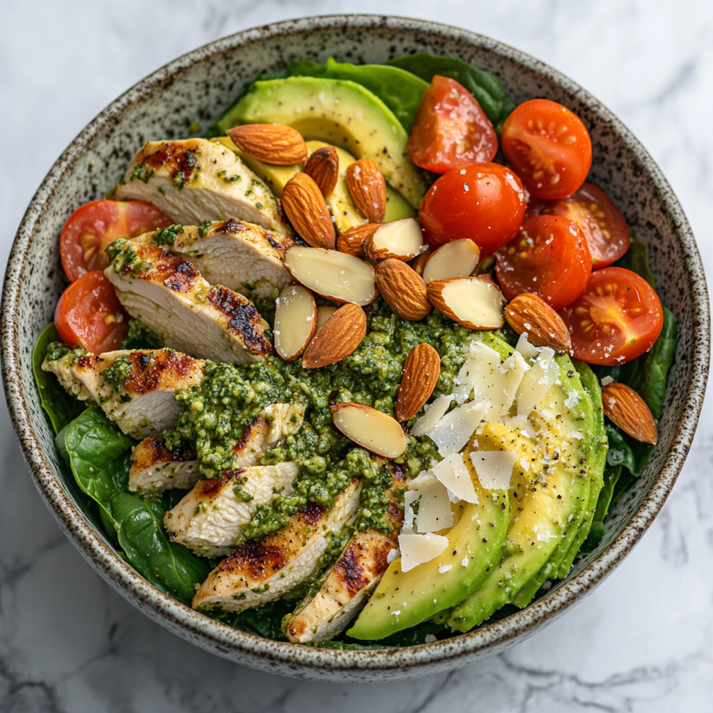 Ensalada de Pollo al Pesto Keto con Aguacate y Queso Parmesano